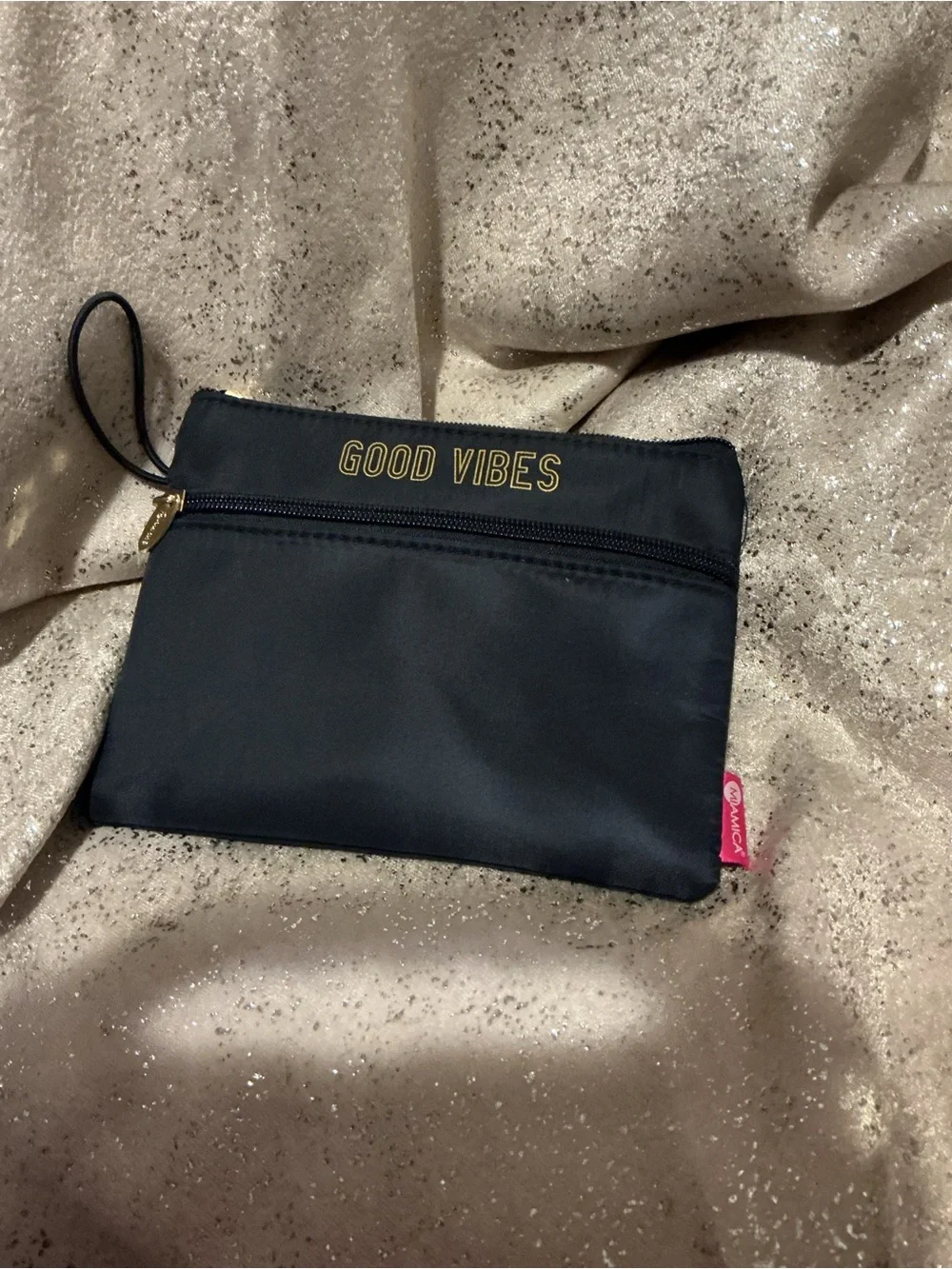 Good Vibes Black Cosmetic Wristlet Pouch
